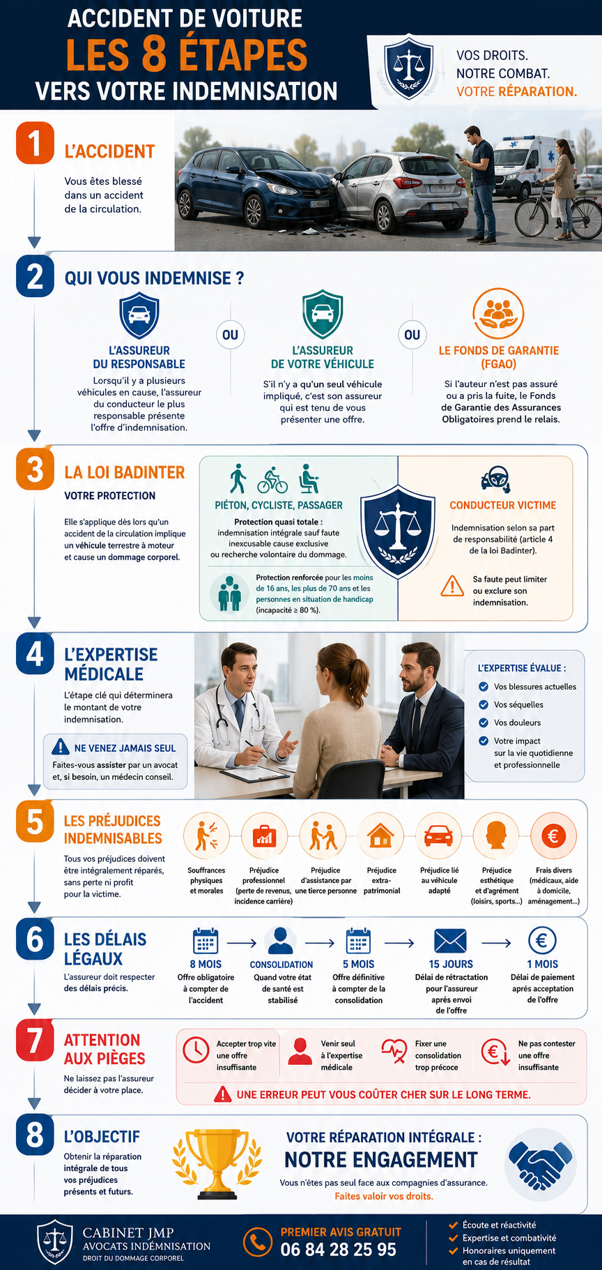 Infographie : les étapes de l'indemnisation d'un accident de la route, de l'accident à la liquidation des préjudices