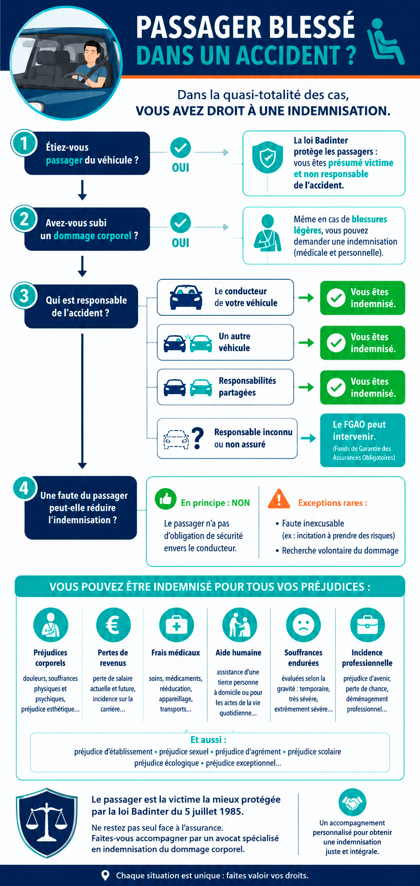 Infographie : les droits du passager blessé dans un accident de la route — protection de la loi Badinter, qui indemnise et étapes de la procédure