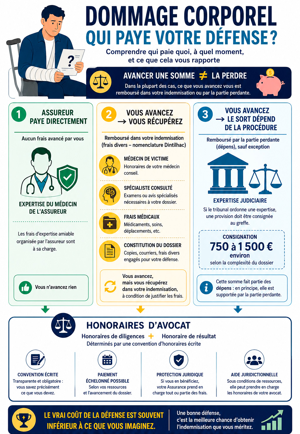 Qui paye la défense d'une victime de dommage corporel : les frais à la charge de l'assureur, ceux que vous avancez et récupérez au titre des frais divers, et ceux qui relèvent des dépens