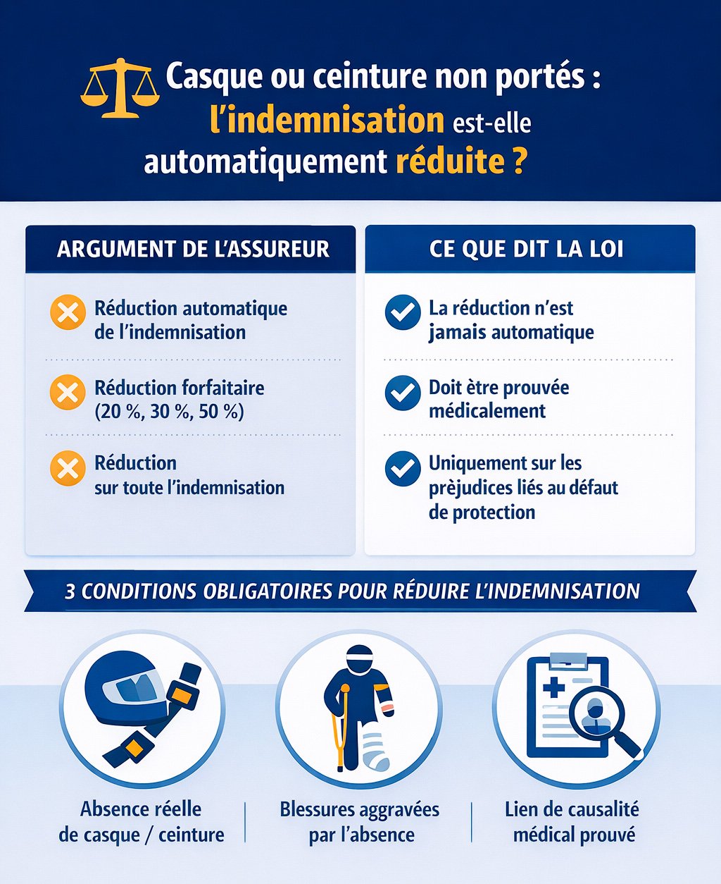 accident corporel sans casque ou sans ceinture - indemnisation